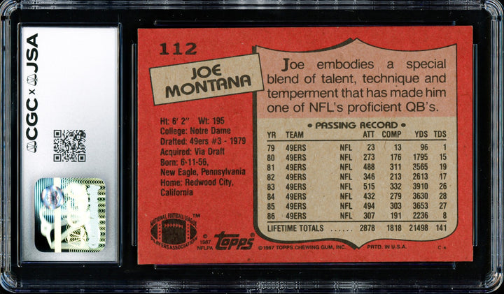 Joe Montana Signed 1987 Topps Card 112 49ers Grade 9 Auto GM 10 CGC x JSA