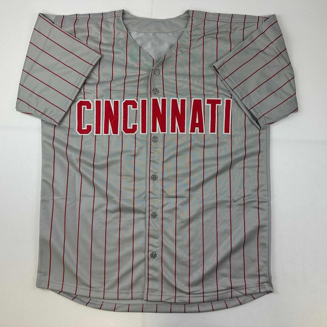 Autographed/Signed Barry Larkin Cincinnati Grey Pinstripe Jersey Becket