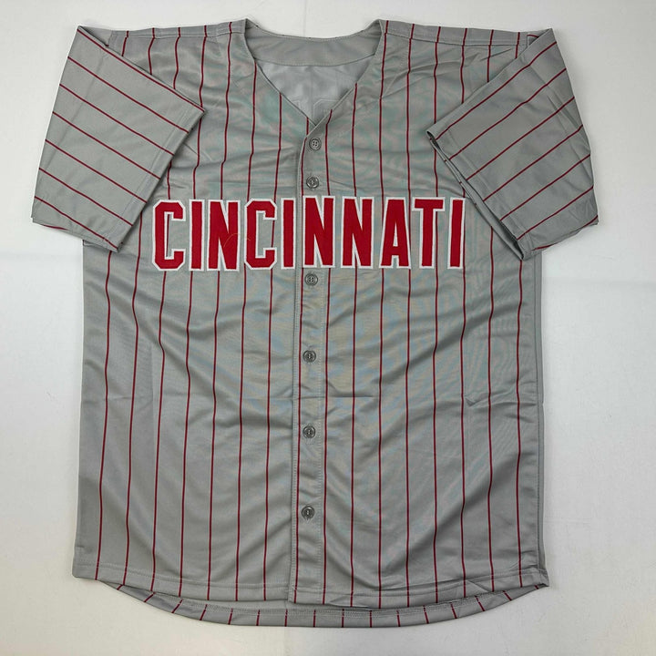Autographed/Signed Barry Larkin Cincinnati Grey Pinstripe Jersey Becket