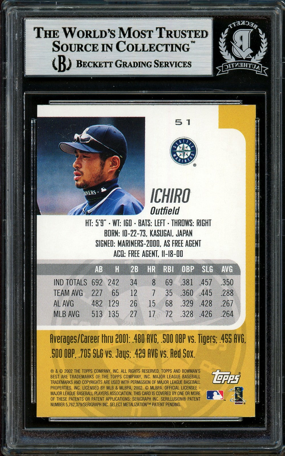 Ichiro Suzuki Signed 2002 Bowman's Best Card 51 Mariners Beckett #12785455