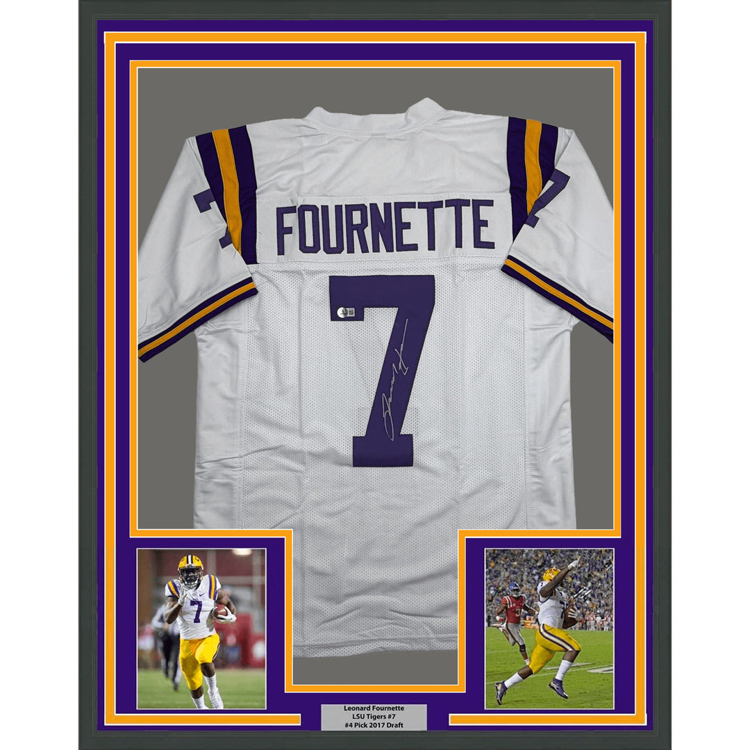 Framed Autographed Leonard Fournette 35x39 LSU White College Jersey BAS COA