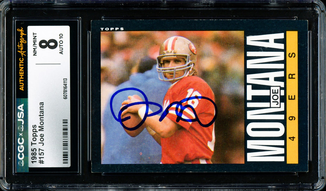 Joe Montana Signed 1985 Topps Card 157 49ers Grade 8 Auto GM 10 CGC x JSA