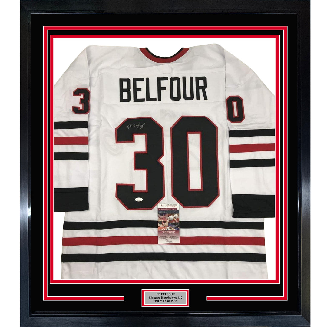 FRAMED Autographed/Signed ED BELFOUR 33x42 Chicago White Hockey Jersey JSA COA