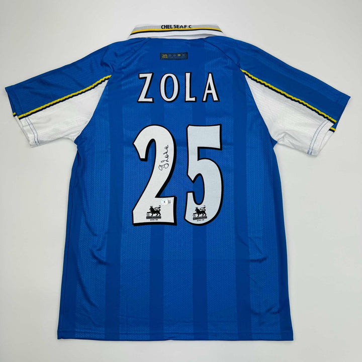 Autographed/Signed Gianfranco Zola Chelsea FC Blue Jersey Beckett BAS COA