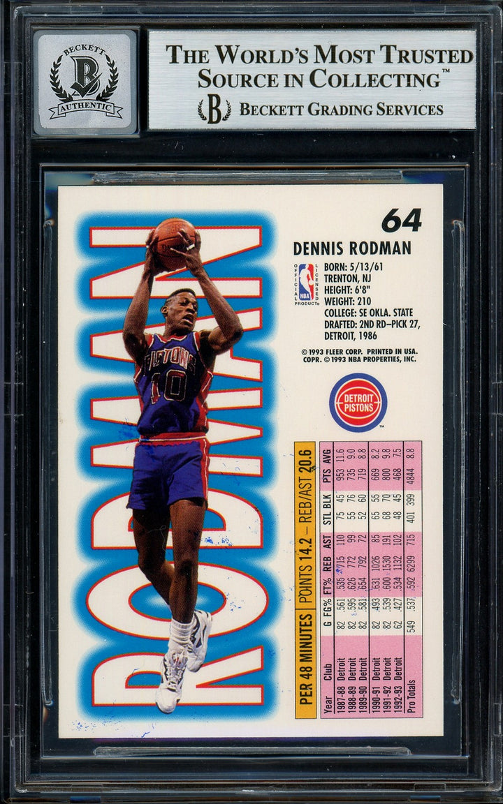 Dennis Rodman Auto 1993-94 Fleer Card 64 Pistons Auto GM 10 Blue Sharpie Beckett