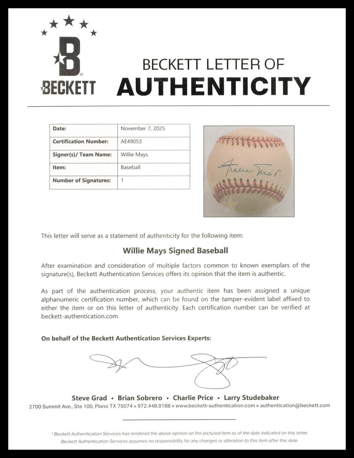 Willie Mays Signed NL Baseball San Francisco Giants Beckett