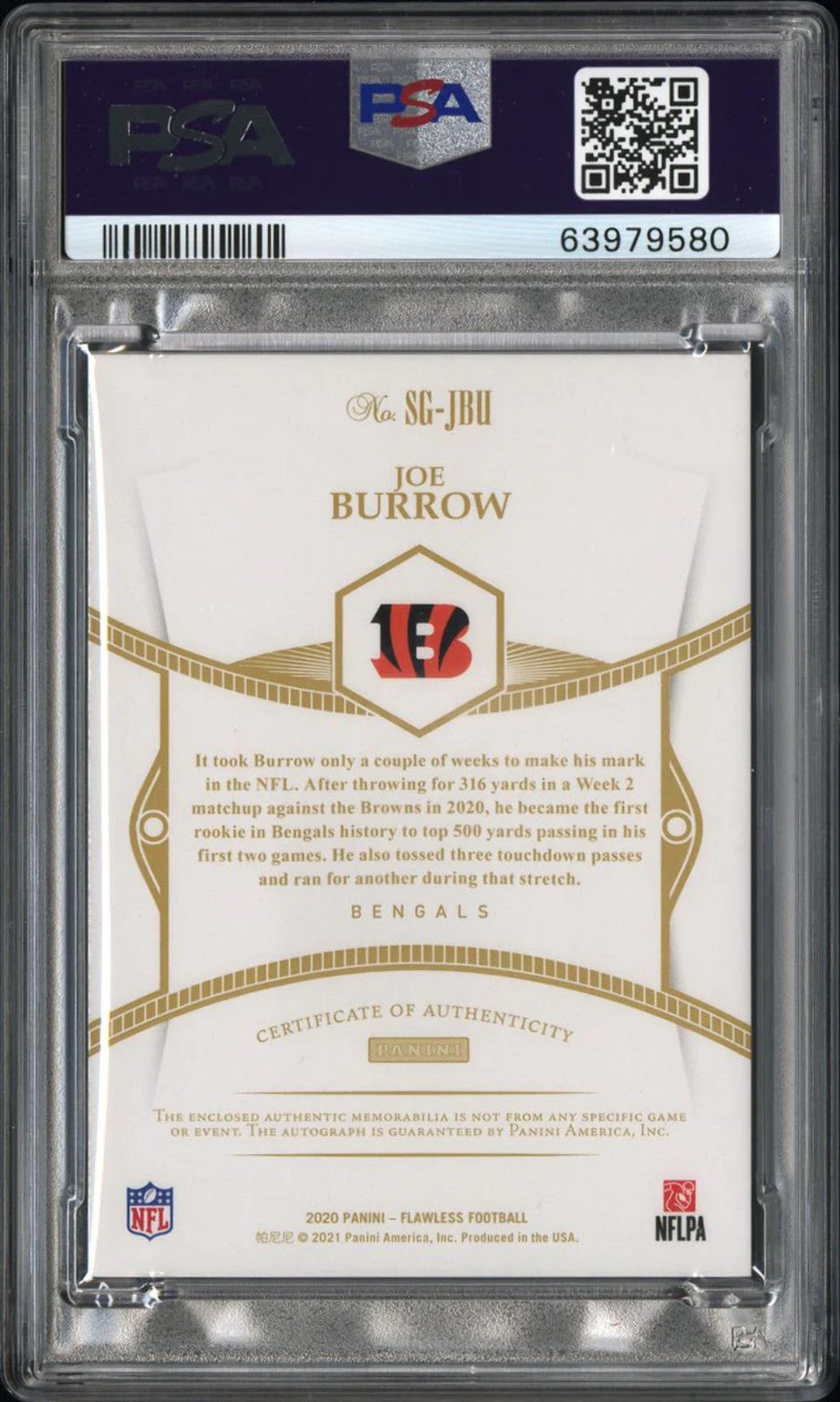 Joe Burrow Autographed 2020 Flawless Signature Gloves Sapphire Rookie Card (PSA)