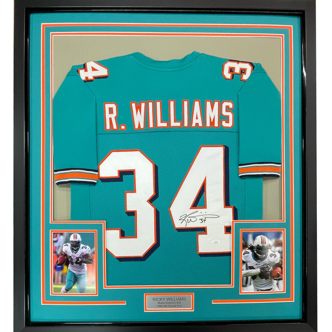 FRAMED Autographed/Signed RICKY WILLIAMS 33x42 Miami Teal Jersey JSA COA Auto