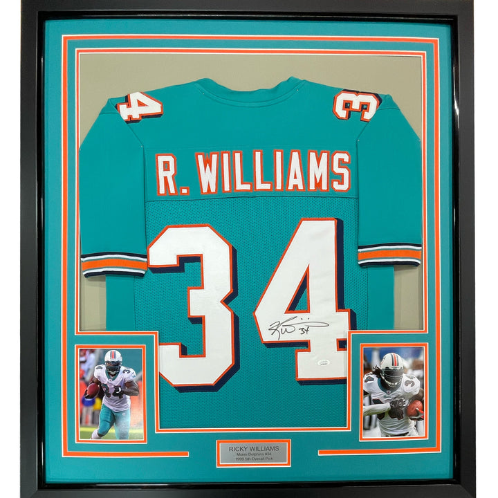 FRAMED Autographed/Signed RICKY WILLIAMS 33x42 Miami Teal Jersey JSA COA Auto