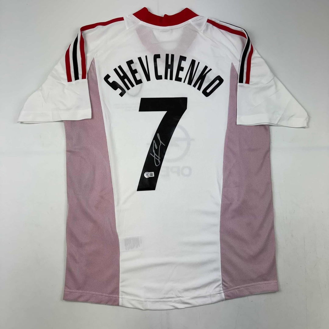 Autographed/Signed Andriy Shevchenko AC Milan White Futbol Jersey BAS COA