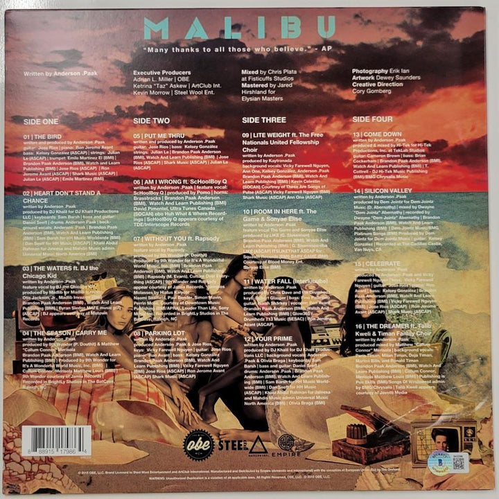 Anderson Paak signed Malibu Vinyl Album Cover autograph ~ Beckett BAS