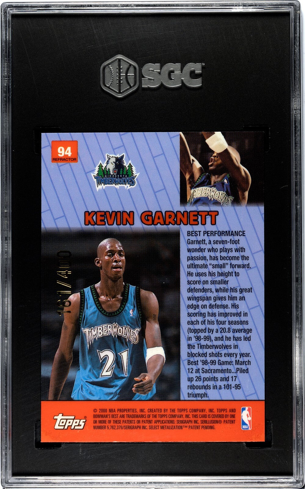 Kevin Garnett 1999-00 Bowman's Best Refractor Card #94 /400-SGC Graded 9.5 Mint+