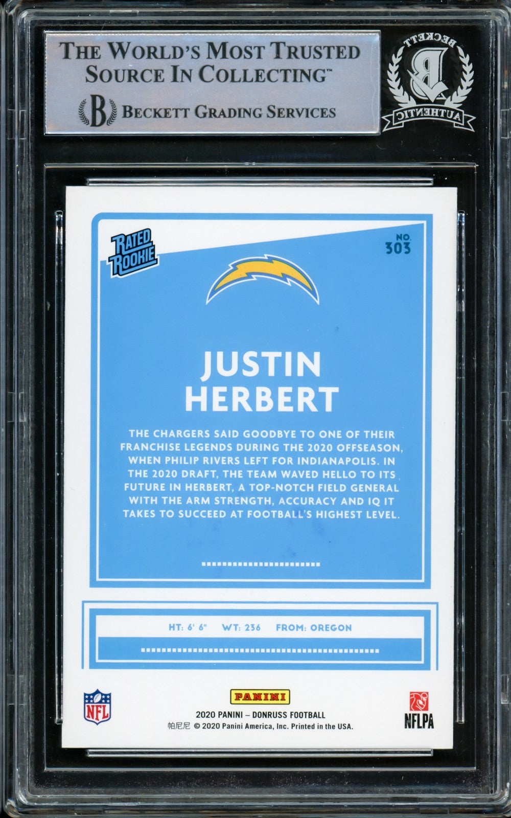 Justin Herbert Signed 2020 Donruss Rated Rookie Blue Press Proof RC 303 Beckett