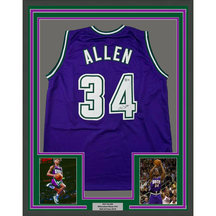 Framed Autographed/Signed Ray Allen 35x39 Milwaukee Purple Jersey BAS COA