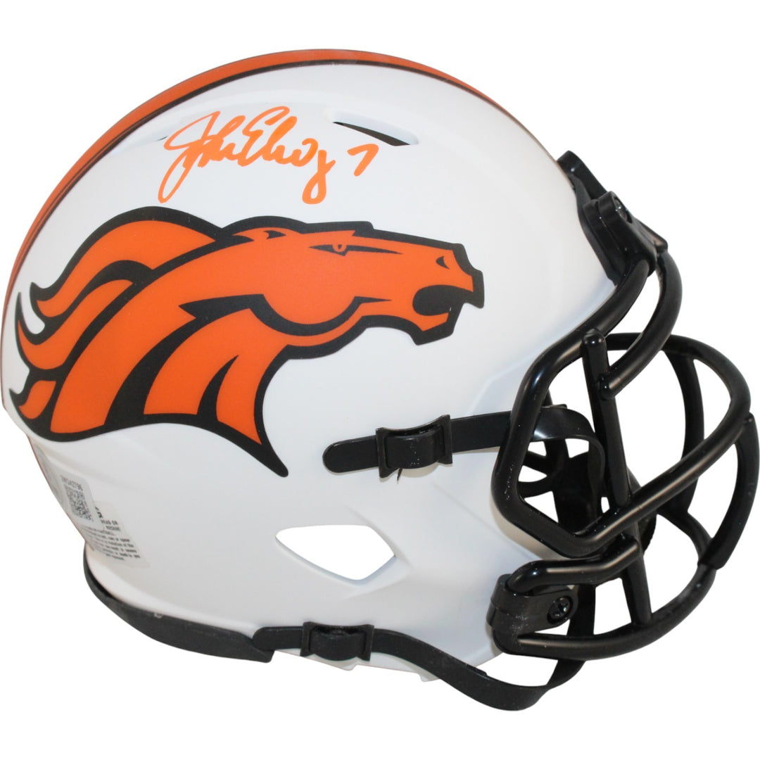 John Elway Autographed Denver Broncos Lunar Mini Helmet Beckett Witness 50197