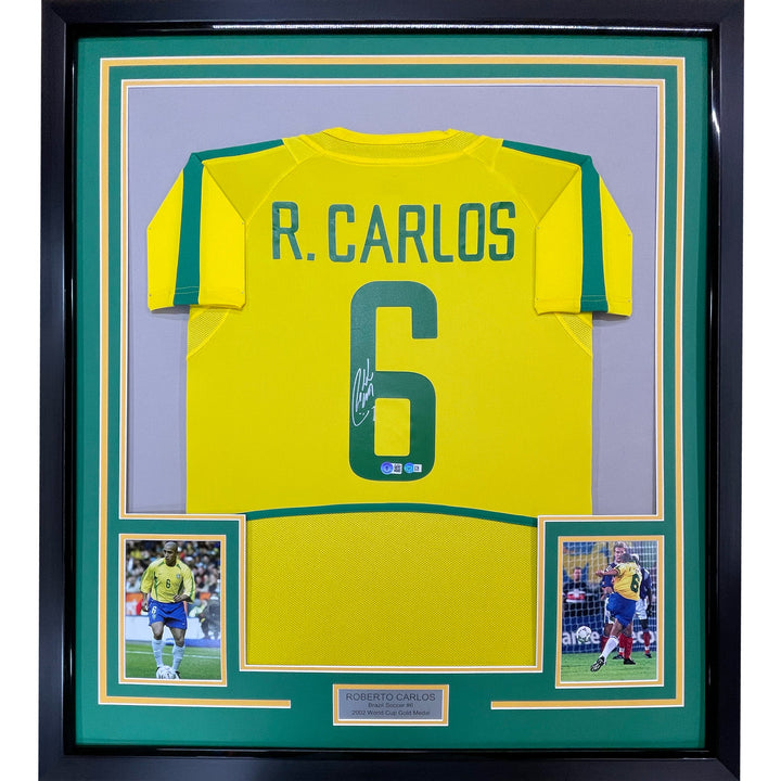 Framed Autographed/Signed Roberto Carlos 33x42 Brazil Yellow Jersey BAS COA
