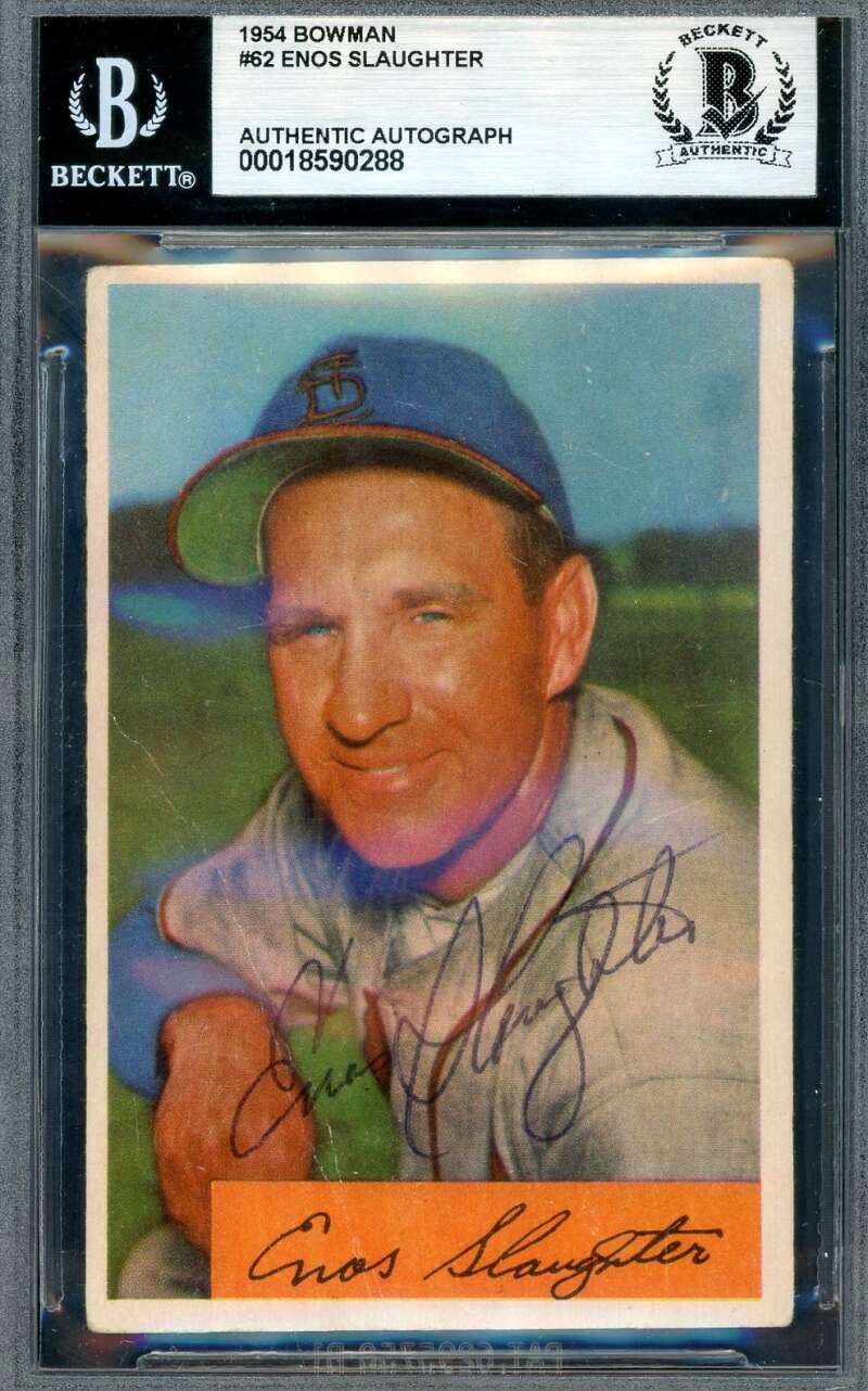 Enos Slaughter Beckett BAS Signed 1954 Bowman Autograph
