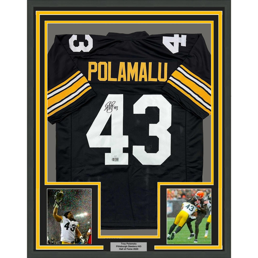 Framed Signed Troy Polamalu 35x39 Pittsburgh Retro Jersey JSA COA