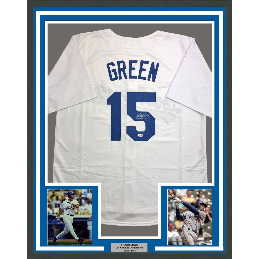 Framed Autographed/Signed Shawn Green 35x39 LA White Jersey JSA COA