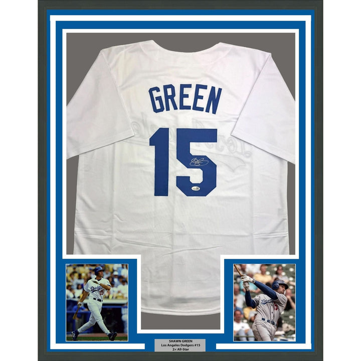 Framed Autographed/Signed Shawn Green 35x39 LA White Jersey JSA COA