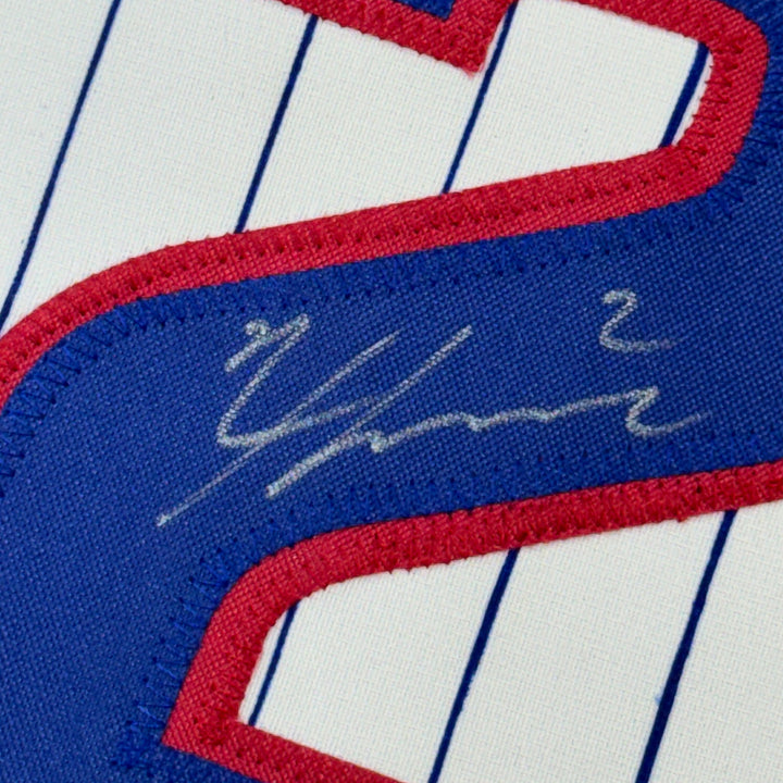 Framed Autographed/Signed Nico Hoerner 35x39 Pinstripe Jersey Beckett BAS COA