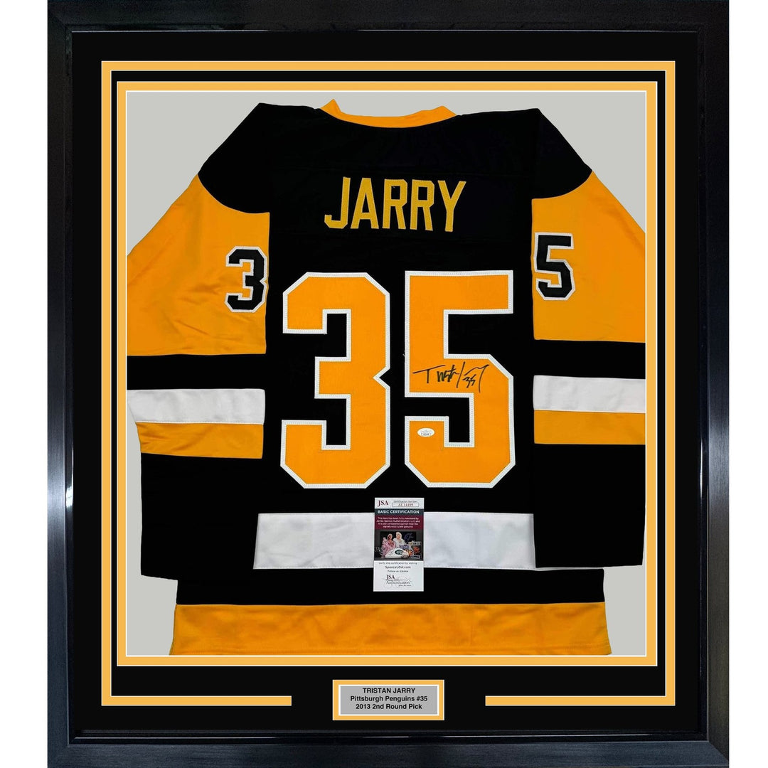 Framed Signed Tristan Jarry 35x39 Pittsburgh Black Jersey JSA COA