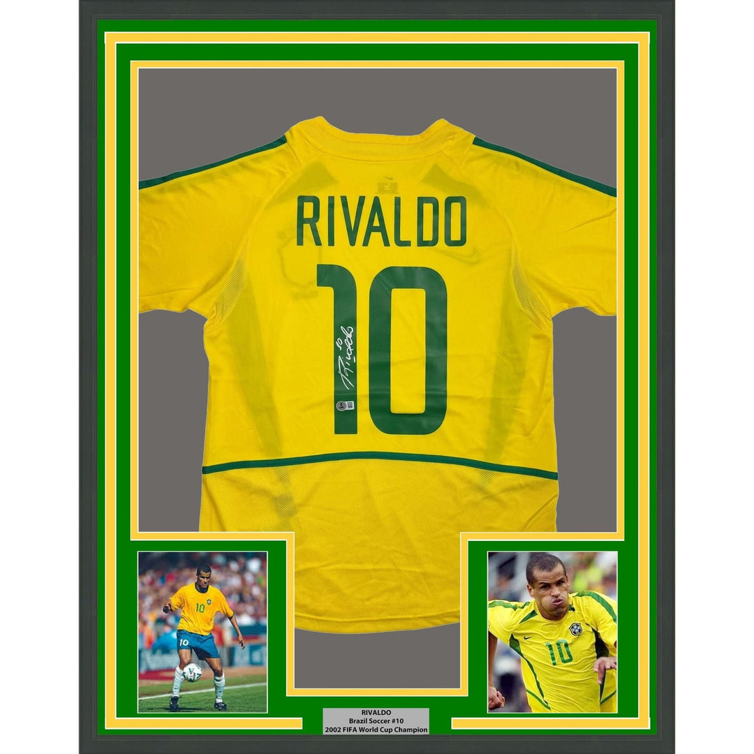 Framed Autographed/Signed Rivaldo 35x39 Brazil Yellow Jersey Beckett COA #2