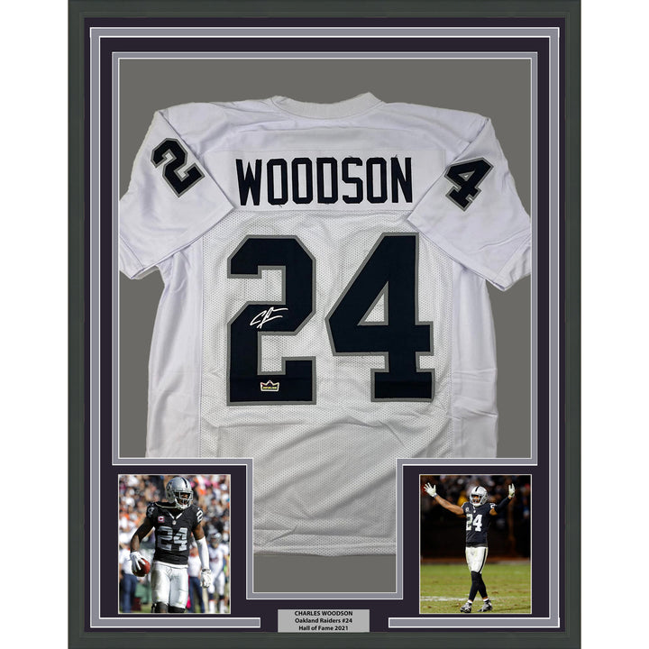 Framed Facsimile Autographed Charles Woodson 33x42 White Reprint Laser Jersey