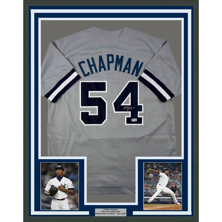 Framed Autographed/Signed Aroldis Chapman 35x39 New York Grey Jersey COA