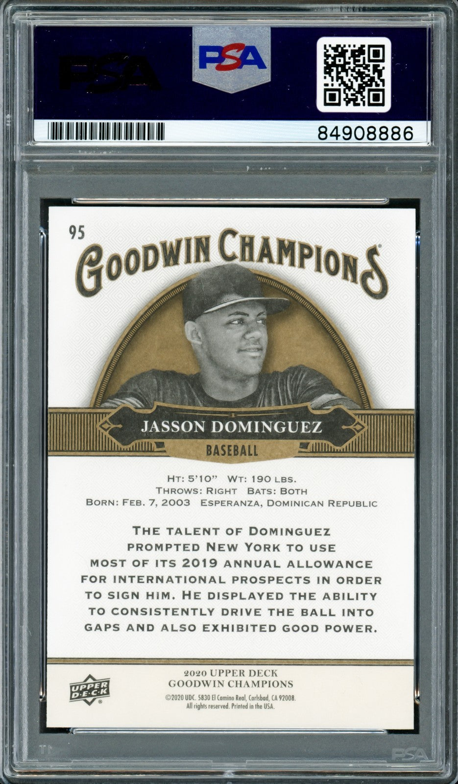 Jasson Dominguez Signed 2020 Upper Deck Goodwin Champions RC 95 Yankees PSA/DNA