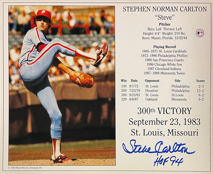 Steve Carlton signed Phillies 300th Victory 8x10 Photo/Card HOF 94- COA