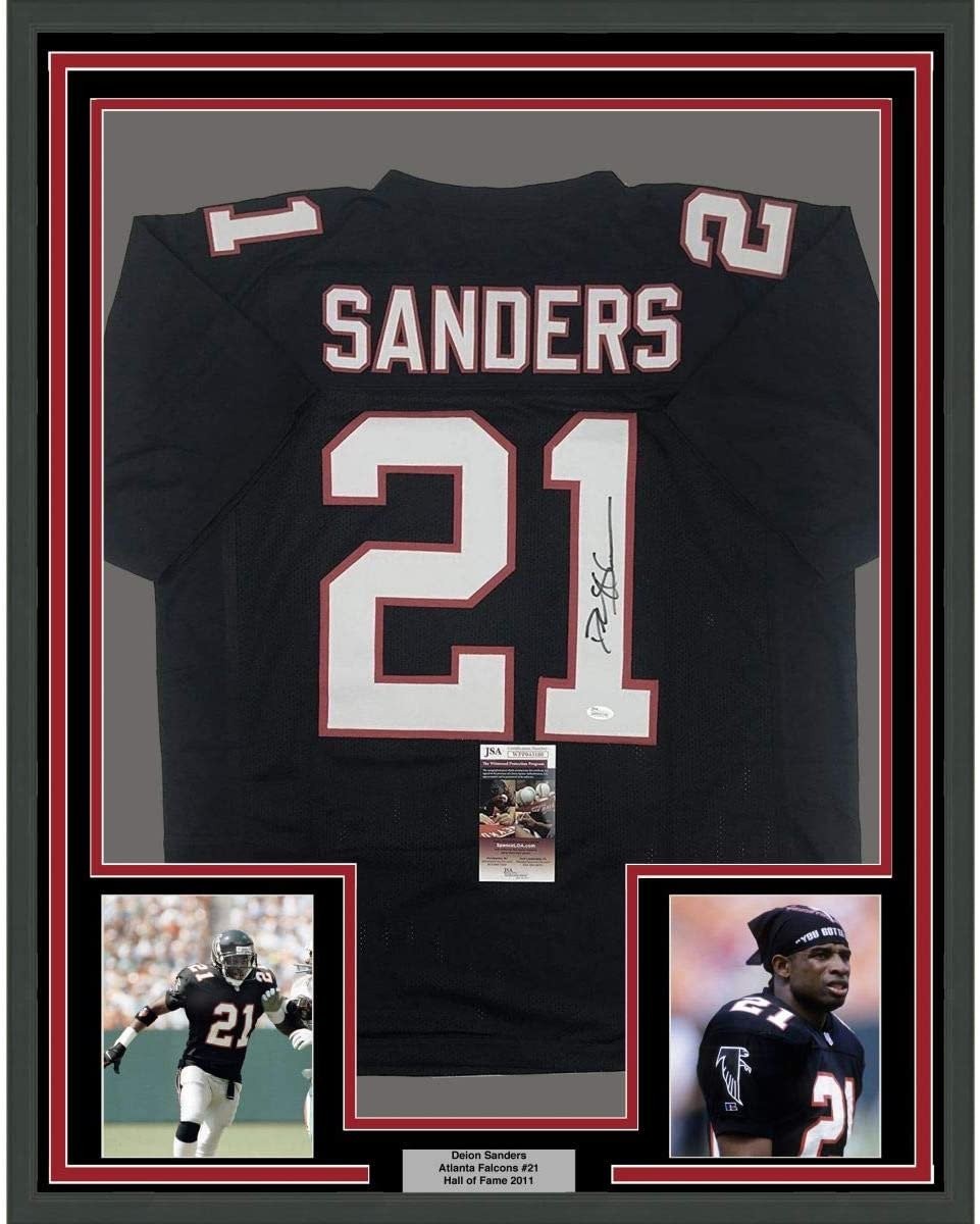 Framed Autographed/Signed Deion Sanders 35x39 Atlanta Black Jersey JSA COA