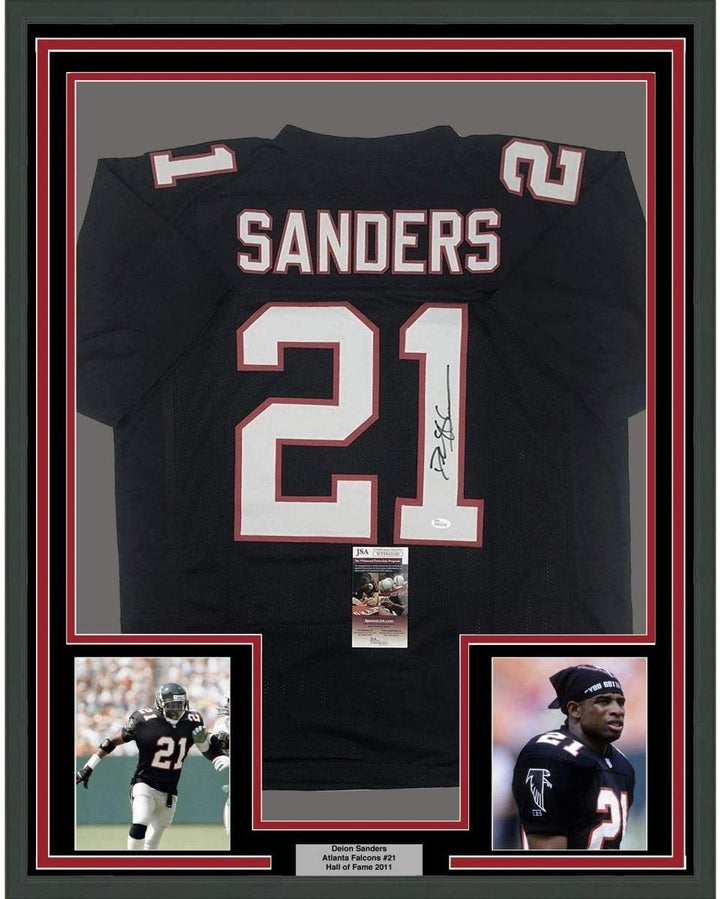 Framed Autographed/Signed Deion Sanders 35x39 Atlanta Black Jersey JSA COA