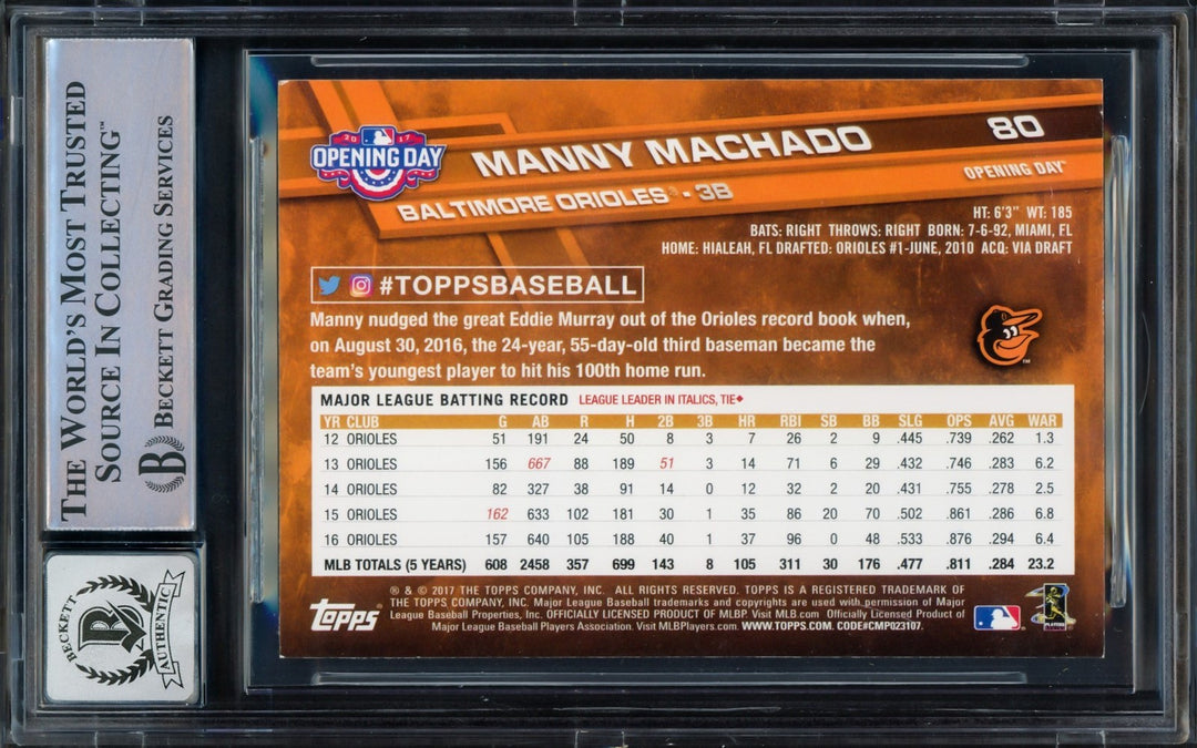 Manny Machado Signed 2017 Topps Opening Day Card 80 Orioles Auto GM 10 Beckett