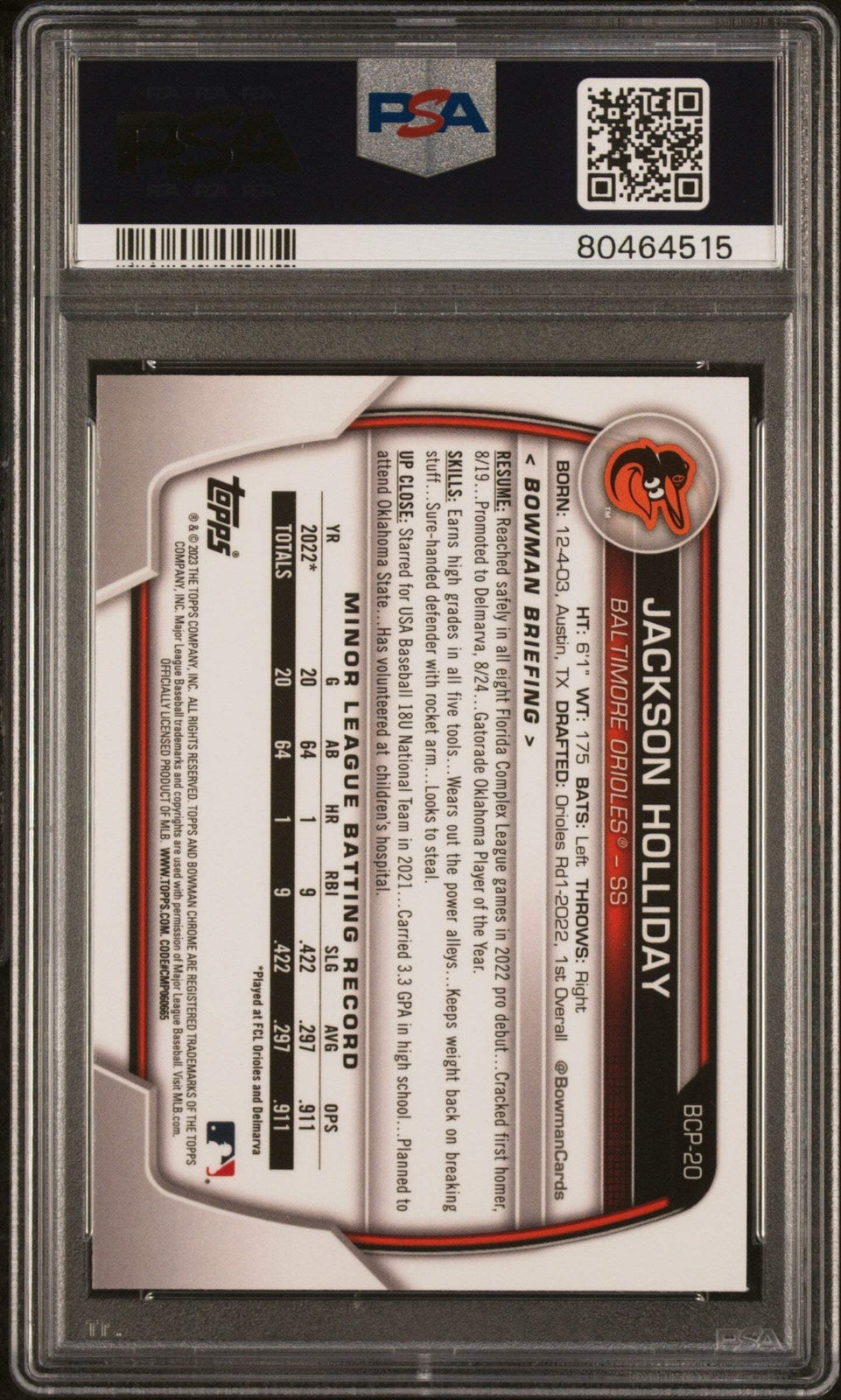 Graded 2023 Bowman Jackson Holliday #BCP20 Chrome Prospects Baseball Card PSA 10