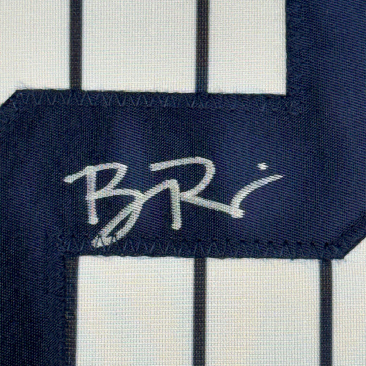 Framed Autographed/Signed Ben Rice 35x39 New York Pinstripe Jersey JSA COA