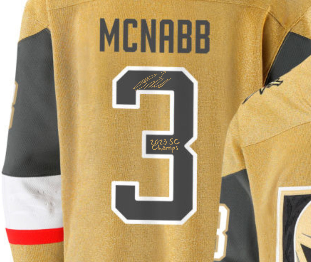 Brayden McNabb Signed Vegas Golden Knights Gold Jersey Inscribed Champs IGM COA