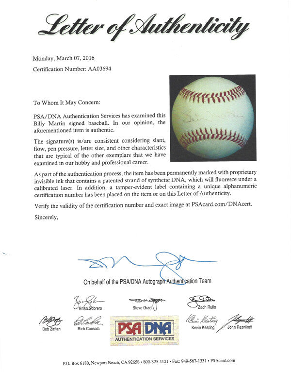 Billy Martin Autographed Signed Official AL Baseball New York Yankees PSA/DNA