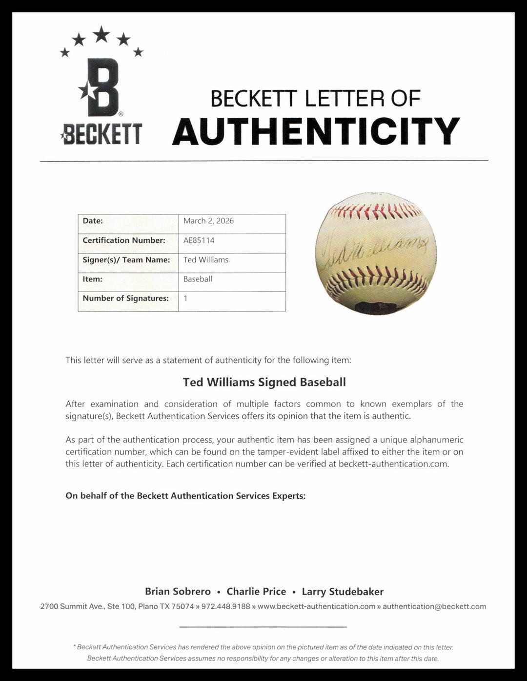 Ted Williams Signed Official Fotoball Baseball Boston Red Sox Beckett #AE85114