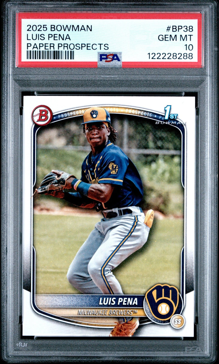 Graded 2025 Topps Bowman Luis Pena #BP38 Paper Prospects RC Card PSA 10