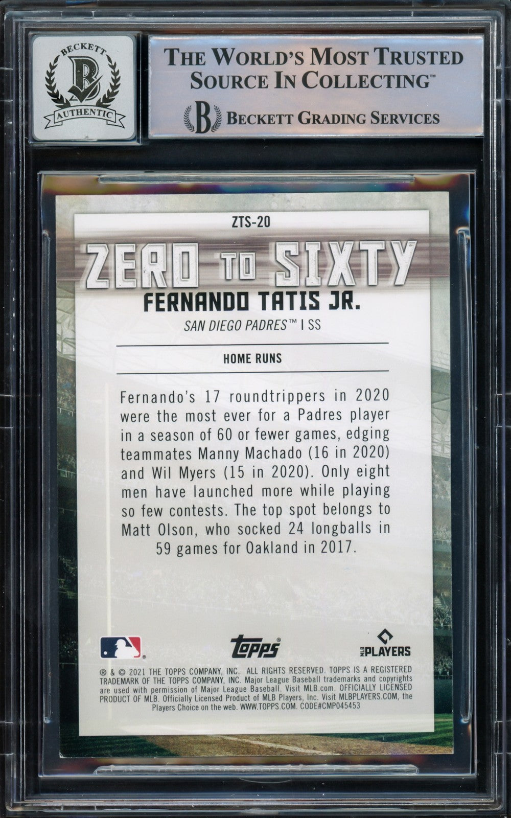 Fernando Tatis Jr. Signed 2021 Topps Zero To Sixty Card ZTS-20 Sig 10 Beckett
