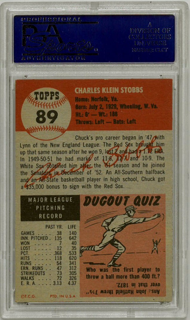Chuck Stobbs 1953 Topps Baseball Card #89- PSA Graded 6 EX-MT (Senators)