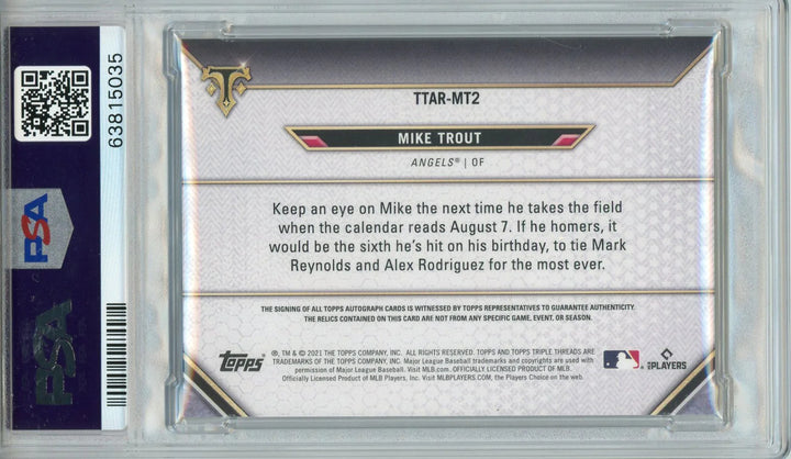 Mike Trout Autographed 2021 Topps Triple Threads Gold Relics Jersey Card #TTARMT