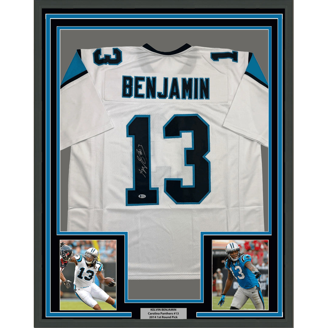 Framed Autographed/Signed Kelvin Benjamin 35x39 Carolina Jersey Beckett COA