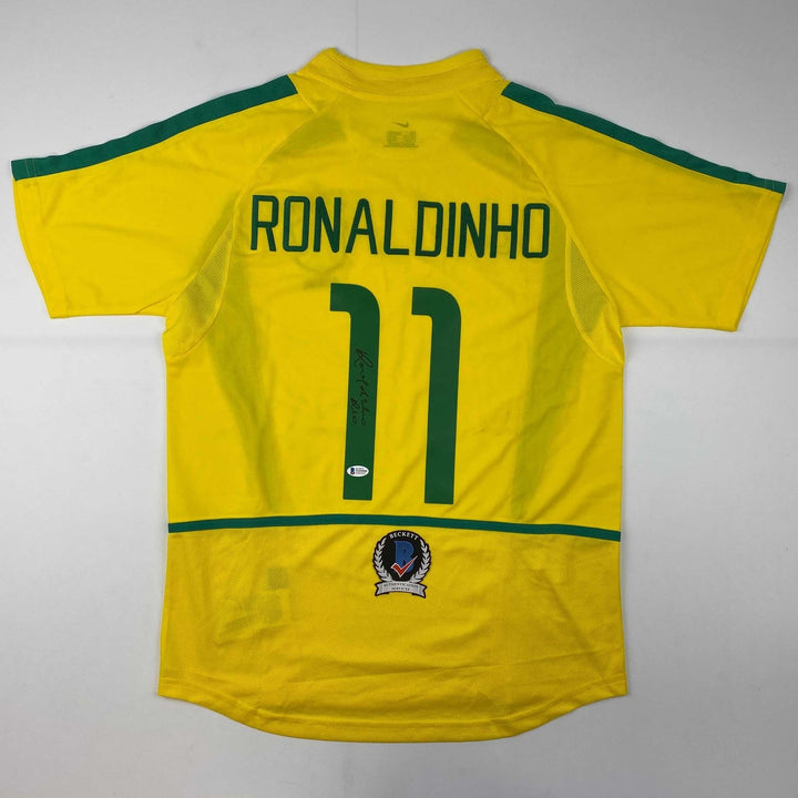 Autographed/Signed Ronaldinho Brazil Yellow Futbol Jersey Beckett BAS COA
