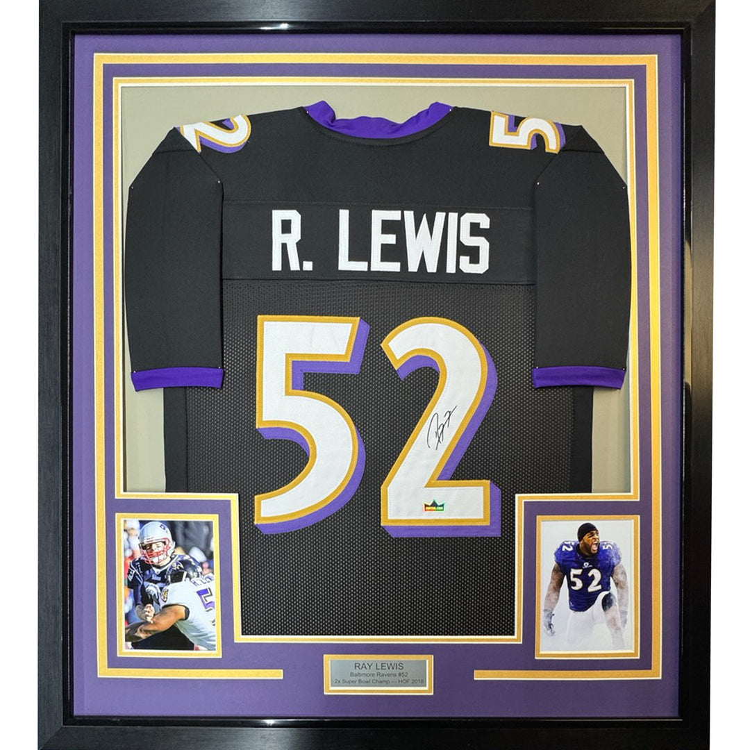 Framed Facsimile Autographed Ray Lewis 33x42 Black Reprint Laser Auto Jersey