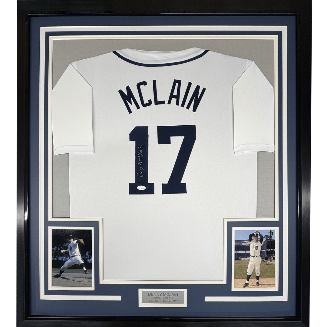 FRAMED Autographed/Signed DENNY MCLAIN 35x39 Detroit White Jersey JSA COA