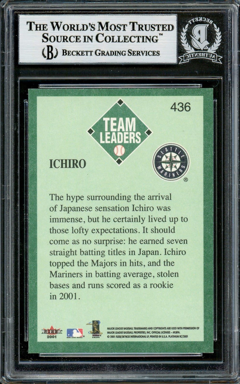 Ichiro Suzuki Signed 2001 Fleer Platinum RC 436 Mariners Beckett #12785148