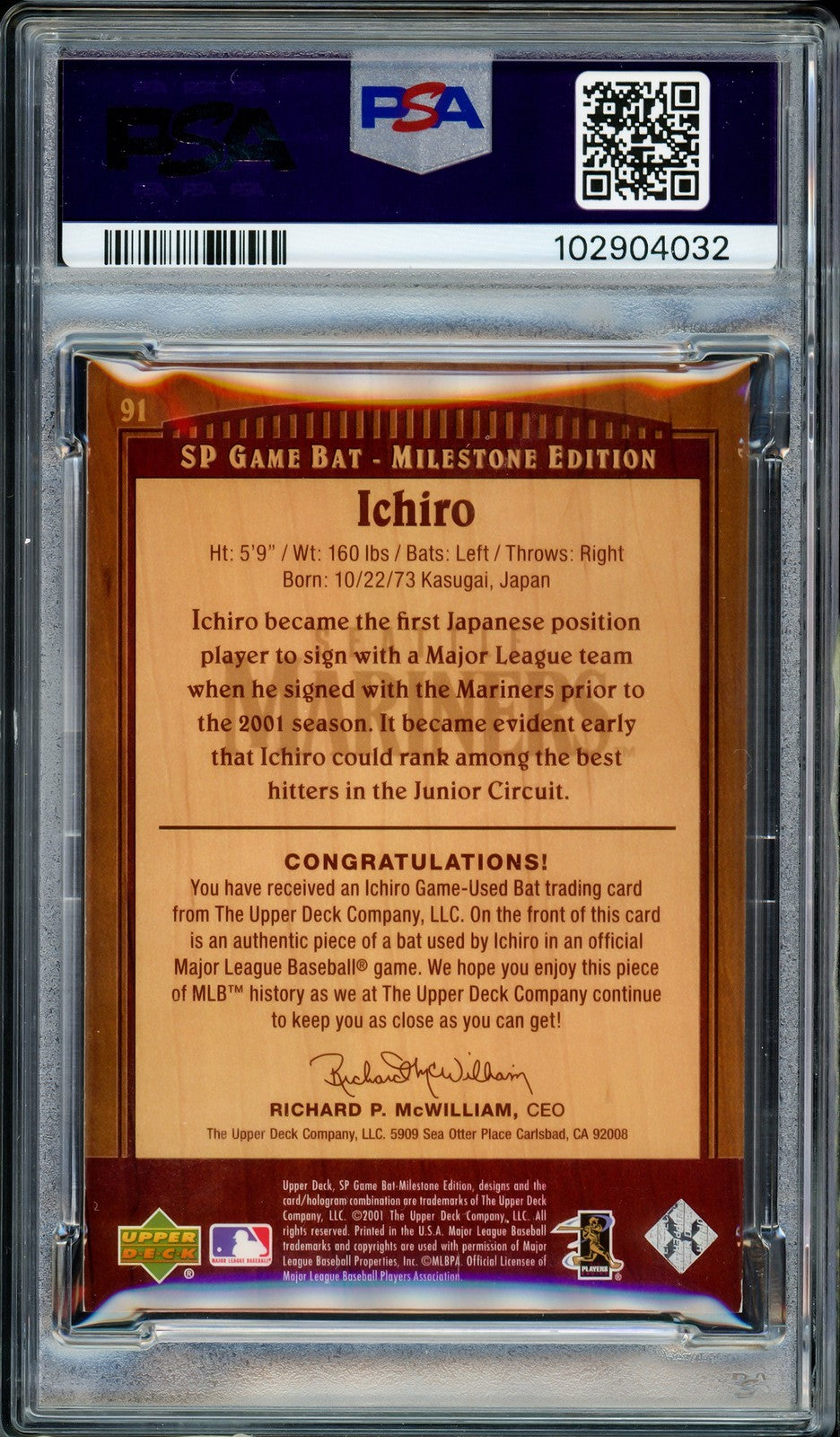 Ichiro Suzuki Auto 2001 SP Game Bat RC 91 Sig 10 Milestone Edition #/500 PSA/DNA