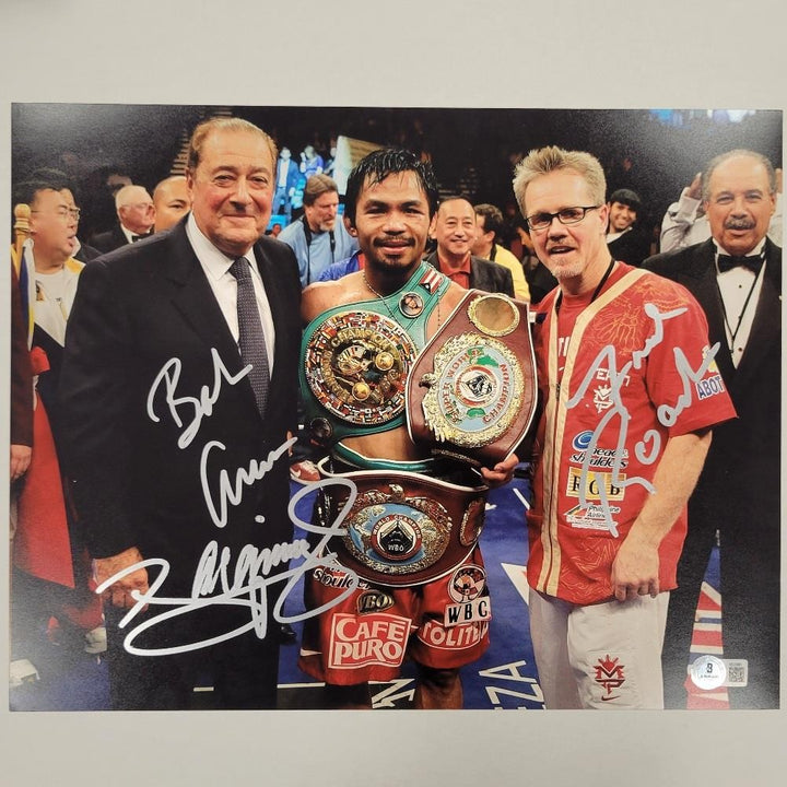 Manny Pacquiao, Freddie Roach, Bob Arum signed 11x14 photo autograph Beckett BAS